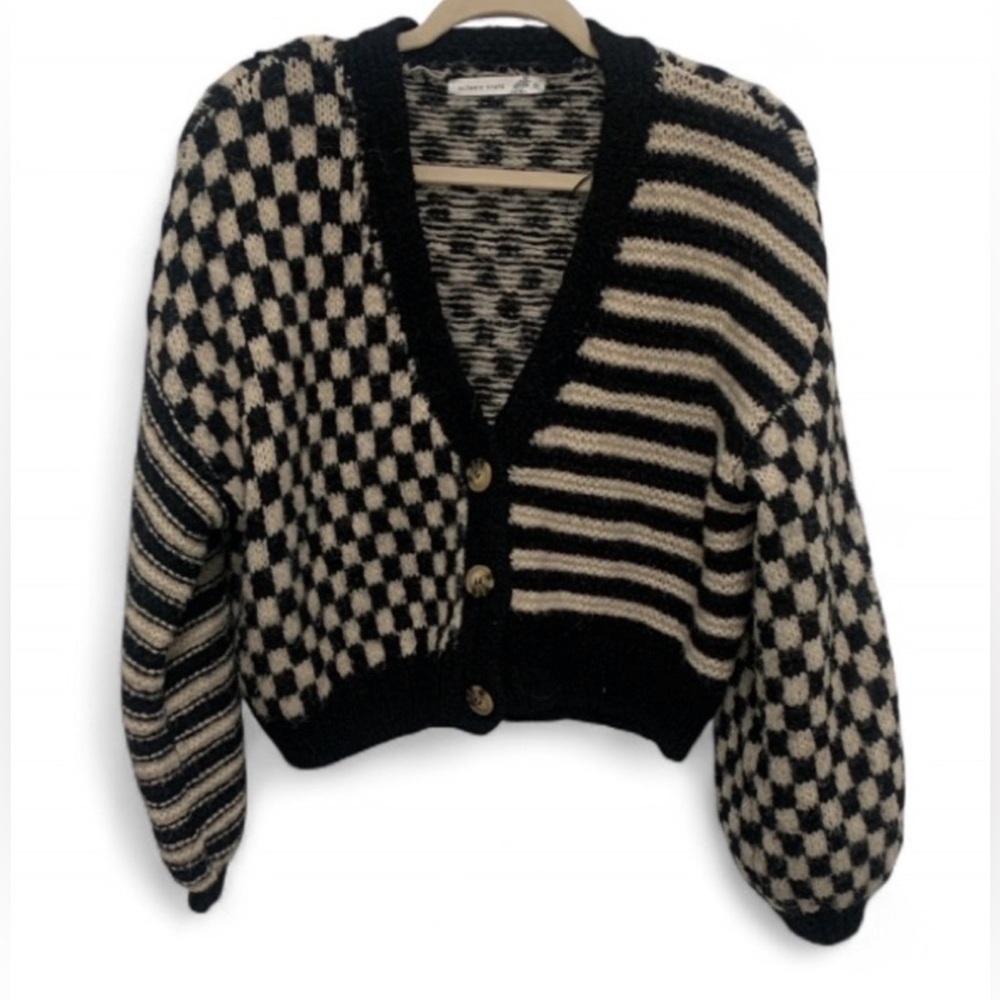 Altar’d State Claudia Checkered Cardigan Sweater Black & Cream Balloon Sleeve - Picture 6 of 13